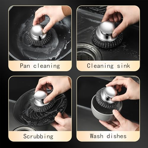 Image of 2 pcs Steel Wool Scrubber with 2 Replacement Wire Pads, Stainless Steel Scrubber Dish Scrub Brush with Handle, Multipurpose Kitchen Cast Iron Scrubber for Pots, Grills,Ovens,Other Tough Cleaning Jobs