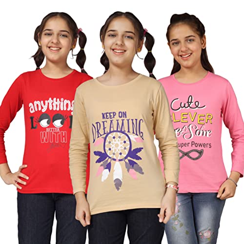 Image of KYDA KIDS Girls Cotton Full Sleeve Printed T-Shirt (Pack of 3)