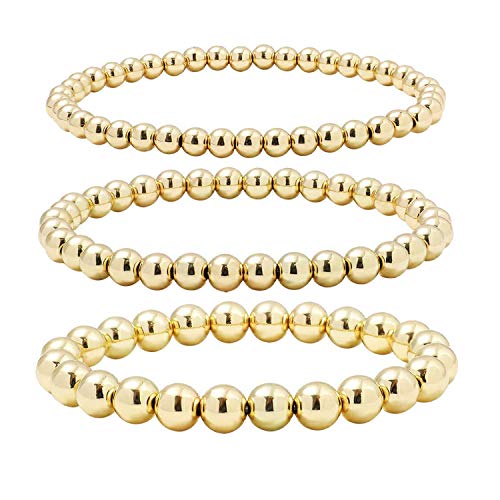 3Pcs 14K Gold Plated Chain Link Bracelet Set for Men Women Cuban Paperclip Chain Stainless Steel Stackable Stretchable Elastic Gold Bead Ball Bracelet Set
