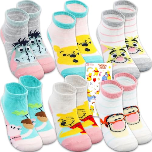 Winnie the Pooh Socks for Babies - Bundle with 6 Pairs of Disney Socks for Girls Age 12-24 Months Plus Stickers | Winnie the Pooh Apparel for Kids