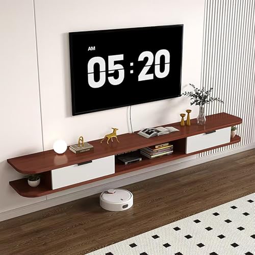 MIISAGS 壁掛けテレビキャビネット 木製壁掛けメディアコンソール 吊り下げ式テレビキャビネット 引き出し付きセットトップボックスラック 省スペース ローボード 収納ラック 取り付け簡単 自宅 寝室 リビングルームに最適(チークカラー,180x22x1