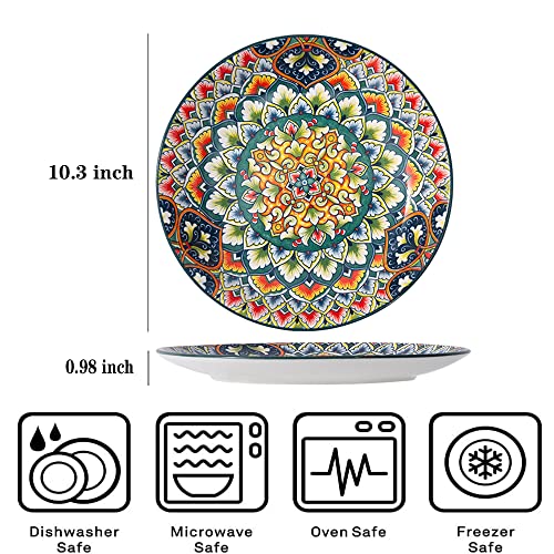 Qlans Ceramic Dinner Plates Set Of 4-10.3 Inch, Pasta, Dessert，Salad Plate, Porcelain Colorful Serving Dishes For Kitchen & Restaurant, Dishware, Microwave & Oven Safe、Dishwasher - Bohemian Style #TOP1
