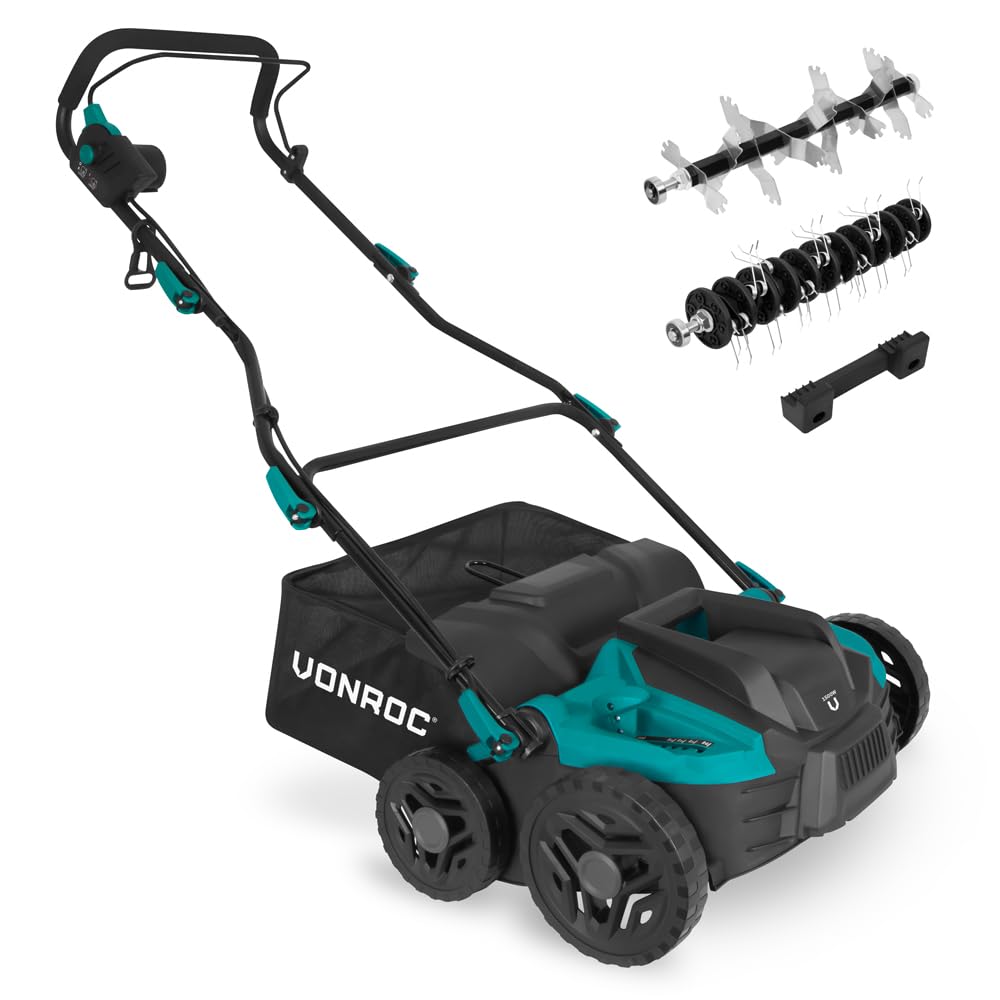 VONROC Scarificateur - Aérateur - 1500W - largeur de coupe 36 cm - 5 réglages : 4 réglages de profondeur de coupe (12/9/6/3 mm) + 1 mode transport (+10mm) - bac de ramassage 45L inclus