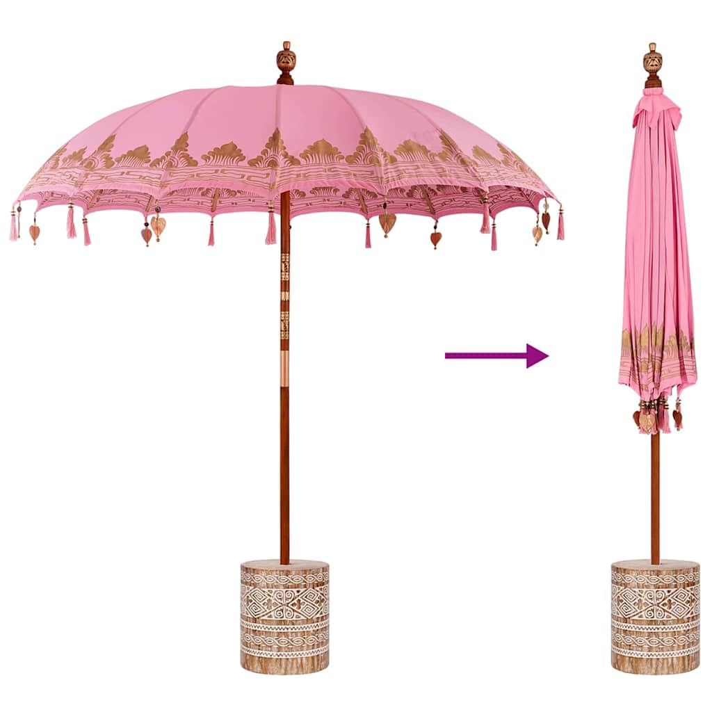 vidaXL Baliński Parasol z Bazą Różowy 215 x 215 x 260 cm, Bali Parasol, Okrągły Parasol Ogrodowy na Zewnątrz, Tropikalny Cień w Różu