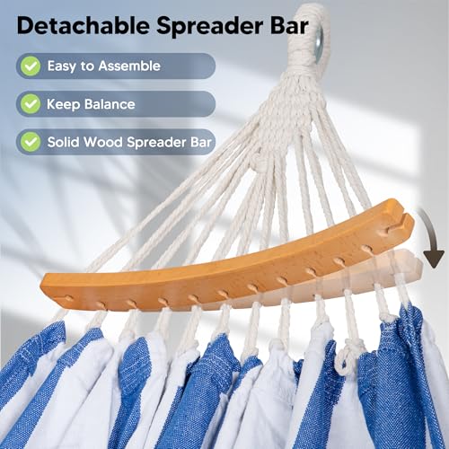 Image of SUNCREAT Hammocks Outdoor Camping Double Hammock for Trees, Blue & White