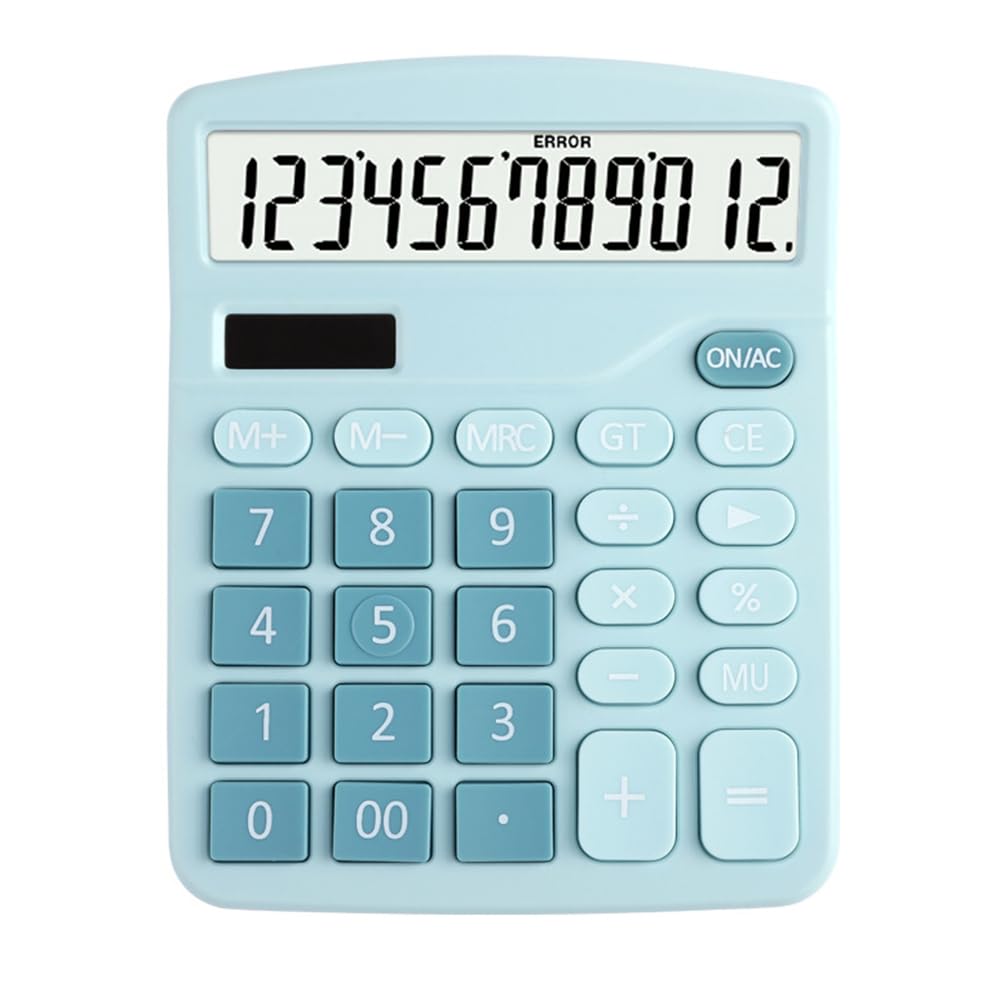 Solar Battery Calculator, 12 Digit Portable Standard with Large Display for Home, School, Office (Blue)