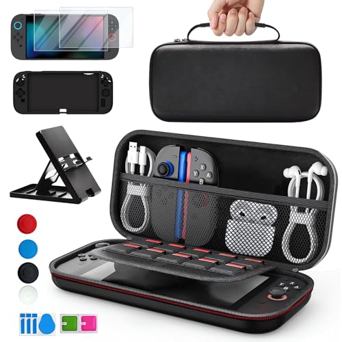 Funda Rígida Premium para Nintendo Switch 2 (2025) – Estuche Antigolpes con 10 Ranuras Juegos+Kit 5-en-1 (Protectores Pantalla+Funda Silicona+Soporte)Protección Total para Accesorios NS Switch 2