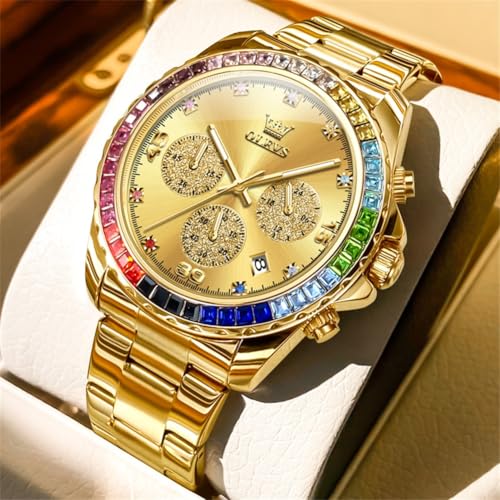 Image of OLEVS Watch for Men Luxury Gold Diamond Chronograph Business Wristwatch with Analog Quartz, Date Calendar, Stainless Steel Band, Luminous Hands, Waterproof