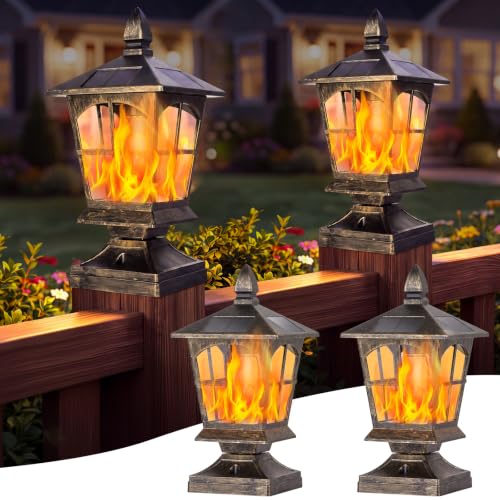 Brightever 4x4 Solar Post Lights Outdoor, Flickering Flame Light, 2-Pack