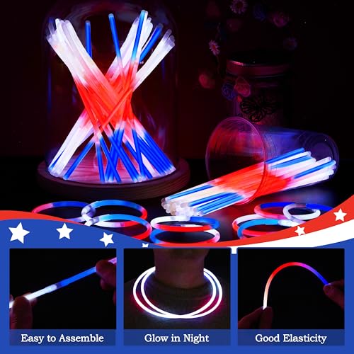 JOYIN 72 Pcs July 4th Glow Sticks Bulk with Connectors, Red White Blue 3 Colors In 1 Glow in The Dark Stick, Light Up Bracelets & Necklaces for Kids & Adults, Party Favor Supplies For Independence Day - image 4