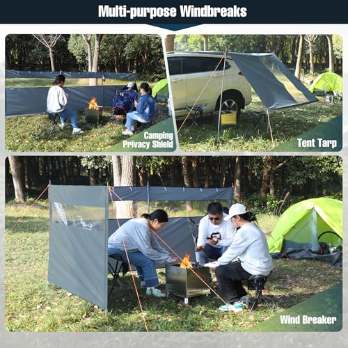 REDCAMP Windschutz für Camping, Heavy Duty Strand Sichtschutz mit Sichtfenster Stahlstangen Heringen Seilen, Outdoor Caravan Privacy Shield für Garten BBQ Picknick Lagerfeuer Holzkohlegrills, Grau