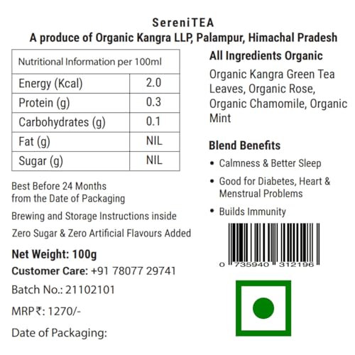 Image of Kangra Tea House Certified Organic Chamomile Mint Rose Green Tea for Stress Relief & Good Sleep (100g = 150 - 200 Cups) - Richest Source of Antioxidants