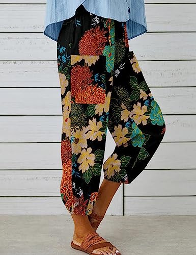 Women's Summer Loose Yoga Pants Wide Leg Elastic Waist Casual Capris Cropped Trousers with Pockets3