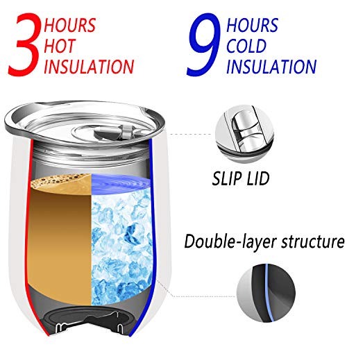 Stainless Steel Stemless Wine Glass Tumbler 12oz, Vacuum Insulated Double Wall Travel Coffee Mug Spill Proof, for Cocktail,Champaign,Beer (White, 12oz)