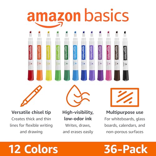 Image of Amazon Basics Low-Odor Dry Erase Whiteboard Markers, Chisel Tip, Quick-Dry, 12 Assorted Colors, 36-Pack