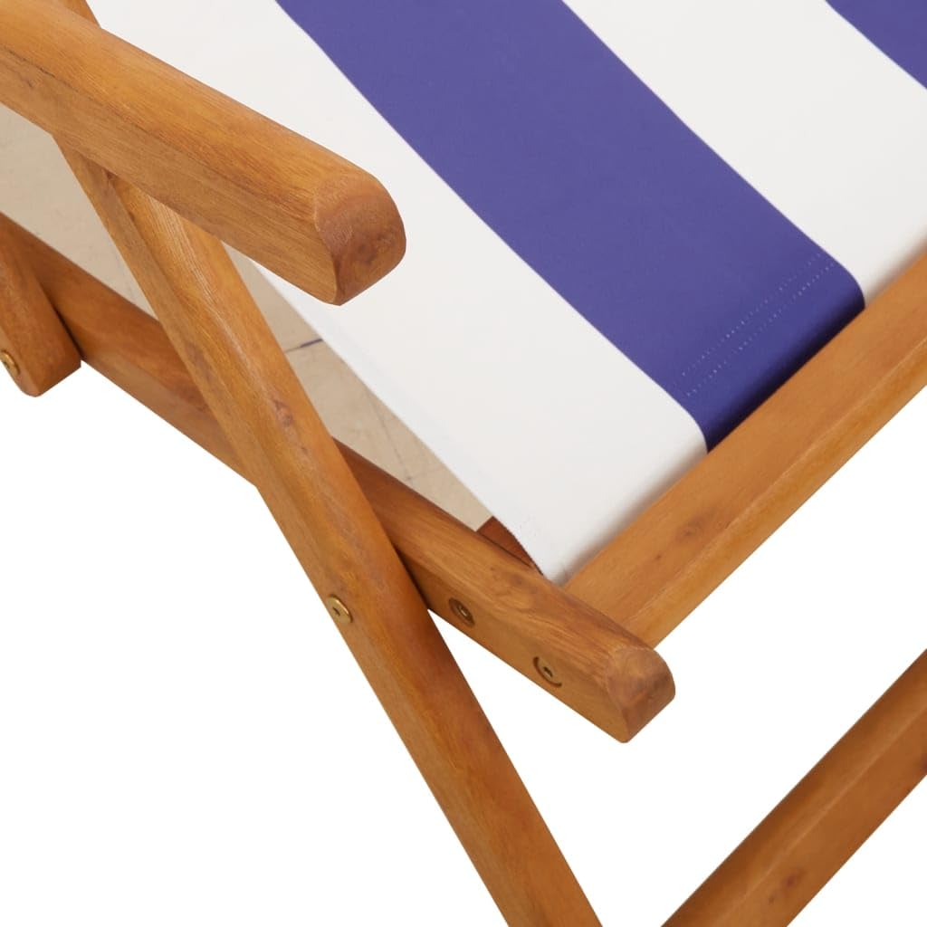 vidaXL Chaise de Plage Pliable Bleu et Blanc Bois d'eucalyptus/Tissu, Chaise Longue, Chaise d'extérieur, siège d'extérieur, Chaise de Camping