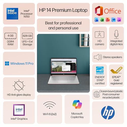 Image of HP Flagship 14 inch Laptop Computer for 2026 Business Student with Office Suite, Copilot AI, Intel Quad-Core CPU, 4GB RAM, 628GB Storage (128GB UFS+500GB Ext), Wi-Fi 6, HubxcelAccs, Win 11 Pro, Rose Gold