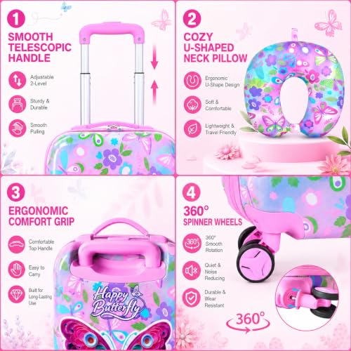 Image of CCJPX 5Pcs Kids Luggage Set, 16 inch Girls Travel Suitcase with Spinner Wheels, Butterfly Hardside Carry on Toddler Rolling Suitcase Airline Approved(Pink)