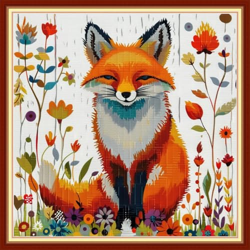 Image of Joyhoor Stamped Cross Stitch Kits for Beginners, Needlepoint Kits for Adults, 11CT Counted Embroidery Kits-Colorful Fox 18x18 inchs