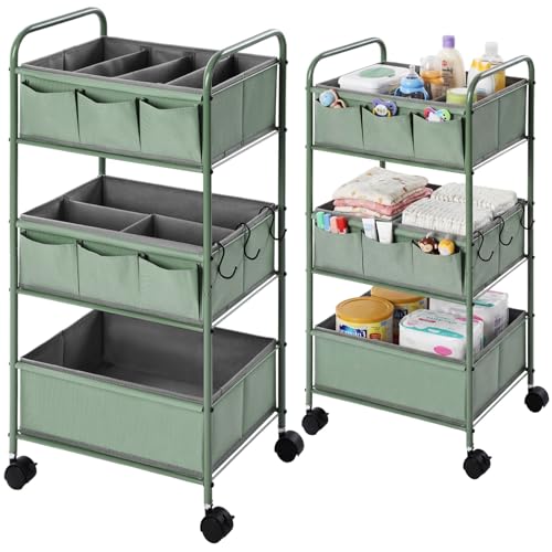 WILLBOND 3 Tier Baby Diaper Caddy Organizer Cart with 4+3 Dividers Large Capacity Metal Utility Bedside Rolling Cart for Newborn Nursery Essential...