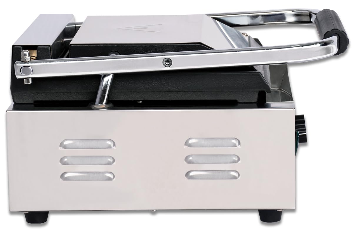 Beeketal 'BKG2' Gastro Kontaktgrill mit Gusseisen Grillpatten (oben gerillt unten glatt) mit Fettauffangschale, Profi Edelstahl Elektrogrill ideal als Panini Grill Maker oder Sandwich Toaster