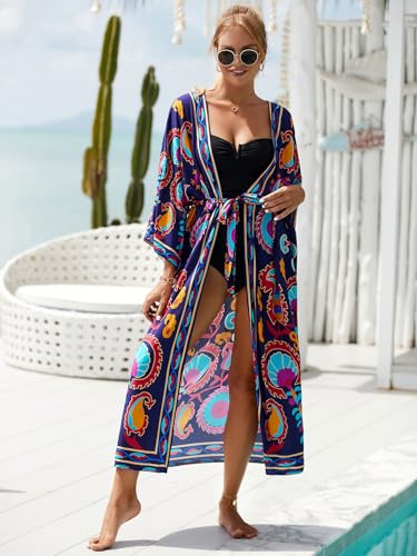 Image of Women's Kimono Cover Up Long Beach Dress Swimsuit Cover Ups Colorful Cardigan Lightweight Robe for Swimwear