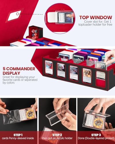 Image of Trading Card Storage Box, 5 Row Card Deck Case with Commander Display & Portable Handle, 4200+ Card Deck Boxes Compatible for MTG TCG Magic Cards, 30 Divider, 8 Supporters, 1 Dice Tray (Black & Red)