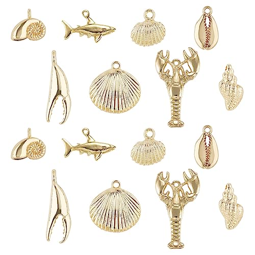 SUNNYCLUE 1 Box 16Pcs 8 Styles Real 14K Gold Plated Charms Bulk Gold Sea Theme Charms Starfish Seahorse Pendants for Earring Necklace Bracelet Jewelry Making Supplies