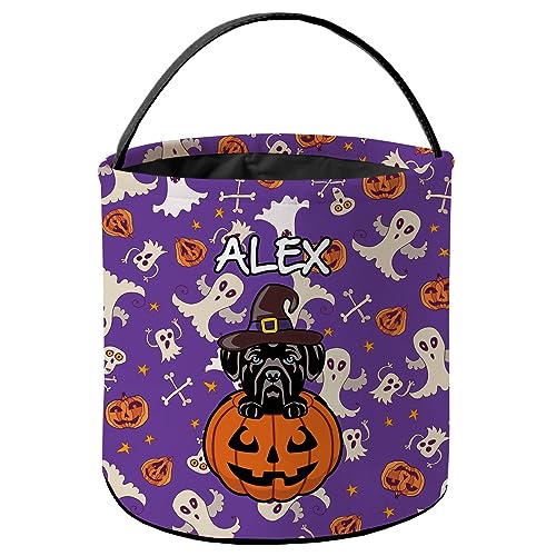 KafePross Personalized Halloween Trick or Treat Bag Cute Cane Corso Dog Halloween Ghost Pumpkin Decor Basket Candy Gifts Bucket for Kids 9 x 9.8 Inch Purple