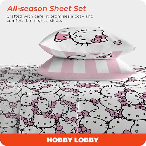 Hobby Lobby Hello Kitty Full Sheet Set, Pink, White, Black & Yellow, Includes 1 Flat Sheet, 1 Fitted Sheet, 2 Pillowcases