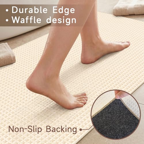 Image of Waffle 2x8ft Runner Rug for Hallway: Extra Long Absorbent Bath Mat, Beige | Washable Non Slip Kitchen Rug, Bathroom Laundry Bedside, Soft Quick Dry Throw Carpet, Modern Farmhouse Home Decor