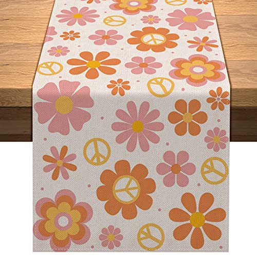 Vohado Groovy Table Runner Daisy Retro Hippie Boho Rainbow Party Decorations Spring Summer Kichen Dining Home Decor