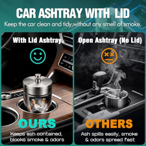 Image of Car Ashtray with Lid Smell Proof Stainless Steel Portable Ash Tray for Car Cup Holder Detachable Windproof Extinguished Cigarette Bucket for Outdoor Home Office (Silver 2Pack)