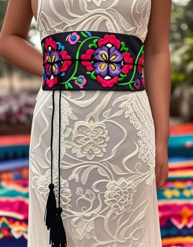 FANFAN Mexican Embroidery Belt Sash Beautiful Floral Belt Women Tassel Waist Belt Adjustable Dia de los Muertos Belt E33