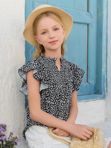 Image of Haloumoning Girls Ruffle Short Sleeve Floral Chiffon Blouses Kids Summer Shirts Tops 5-14 Years