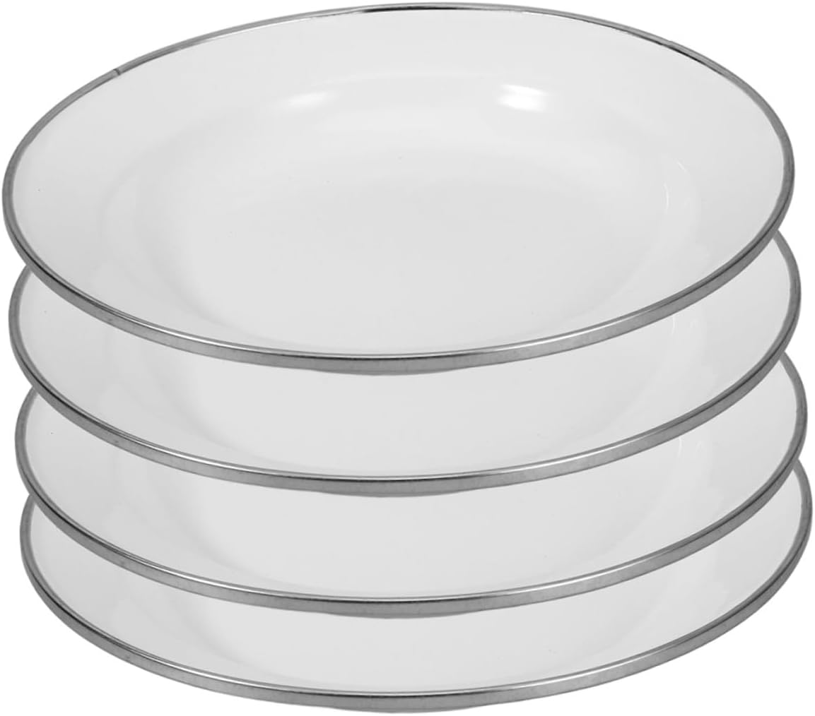 4pcs White 22cm Vintage Enamelware Plates Thickened Food Serving Dish Snack Fruit Plate Retro Style Appetizer for Home and Outdoor Use