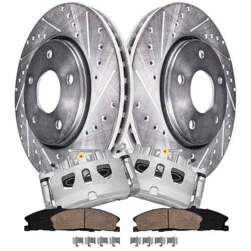 Image of Detroit Axle - 6pc Front Brake Kit for Ford Explorer Flex Taurus | Lincoln MKS MKT, Police Interceptor Sedan, 13.86'' inch Drilled and Slotted Brake Rotors Ceramic Brake Pads Brakes Calipers