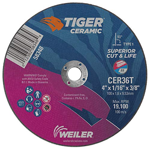 Image of Weiler 58348 4-Inch Cutting Wheel, Tiger Ceramic Contaminant-Free, Max Performance Cutting, 1 /16 inch CER36T Type 1 3 /8 inch Arbor (Pack of 25)