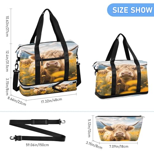 ALAZA Highland Cow White Yellow Flowers Travel Duffel Bag for Women Men Sports Gym Bag with Shoe Compartment Tote Weekender Overnight Bag with Wet Pocket for Travel, Gym,Yoga,Swimming3