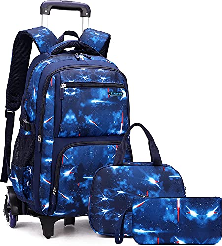Egchescebo 18" School Kids Rolling Backpack for Adults and Boys With Wheels Trolley Wheeled Backpacks for Boys Students Travel Bags Adults and Boys Backpack With Lunch Box Pencil Bag 3PCS Blue
