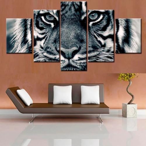 Toile peinture tigre noir et blanc triptyque géant avec cadre pour grand séjour