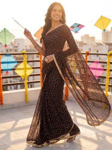 Image of SAREE MALL Women's Brown Chiffon PolkaDot Printed Saree With Unstitched Blouse Piece (2QEN1610 AI2)