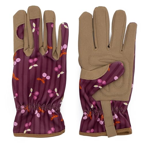 Women's Gardening Gloves - Cherries Design - One Size - Padded with Elastic Cuffs, Burgundy - Image 3