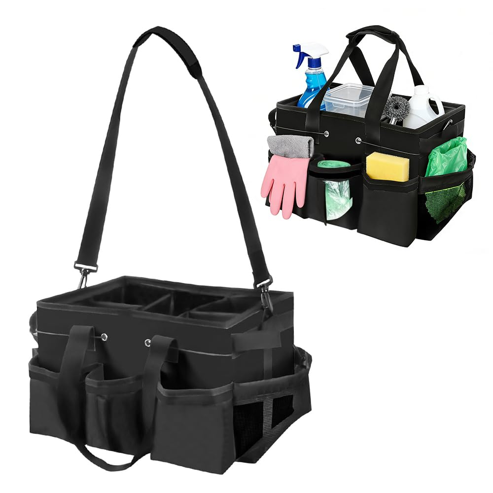 Rnpkz Black Cleaning Caddy Bag, Cleaning Caddy Organiser With Handle, Adjustable Shoulder Strap & Multiple Pockets, Large Multi-Compartment Cleaning Products Organiser For Housekeeper Car Detailing (Black)
