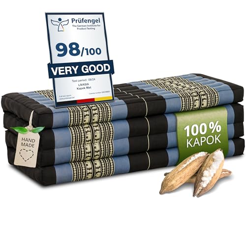 livasia Colchón Plegable sostenible de kapok - 200x110x8cm - Amplio colchón de Invitados, Cama Plegable, Esterilla ecológica de Yoga, Cama Invitados Plegable, Jardín y balcón (Azul/Elefantes)