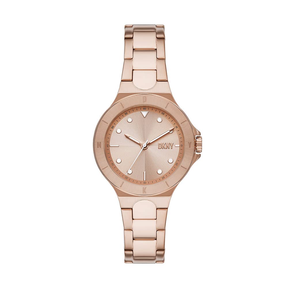 DKNY Watch for Women Chambers, Quartz Three Hand movement, 34MM Rose Gold Stainless Steel case with a Stainless Steel strap, NY6642
