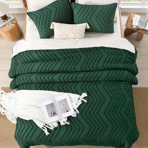 Image of Litanika Boho Queen Comforter Set, 3 Pcs Emerald Green Lightweight Bedding