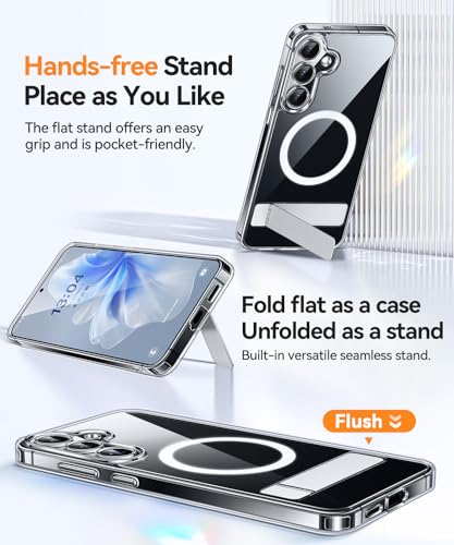 Image of CANSHN Strong Magnetic & Seamless Stand Designed for Samsung Galaxy S25 Plus Case (2025) [Adjustable Kickstand] [Compatible with Magsafe], Crystal Clear