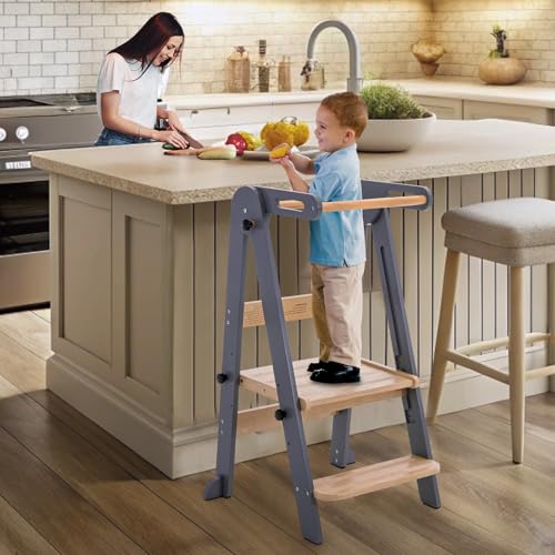 Gewitt Foldable Toddler Kitchen Stool Helper - Adjustable Height Folding Toddler Standing Tower, Kids Helper Stool with Safty Rail for Kitchen Counter Bathroom (Grey) — view 2