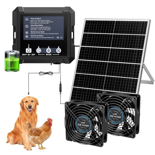 Chtoocy 25W Smart Solar Fan for Chicken Coop w 2500mAh Battery, Greenhouse Solar Powered Fan w 3 Modes, IP65 Waterproof Solar Exhaust Fan for Dog House Vent Shed Garage Cooling